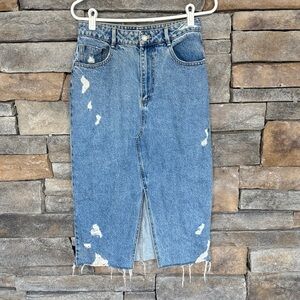 ZARA Distressed Blue Denim Midi Skirt